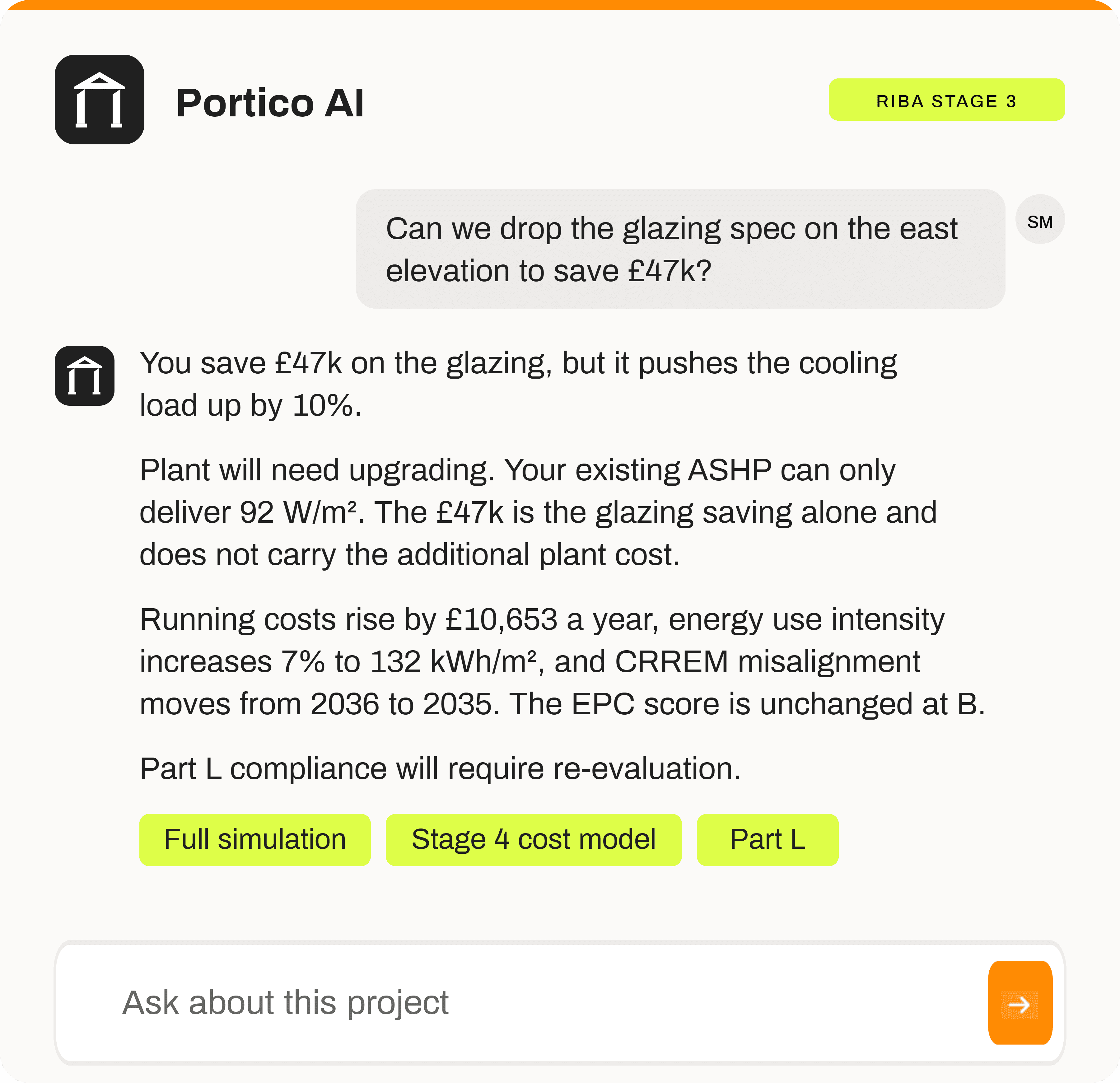 Portico AI assessing a proposed change to the glazing specification