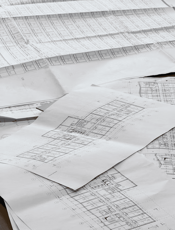 Architectural plans spread across a work surface