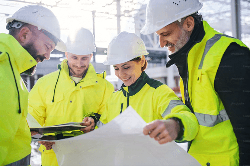 A construction team in hi-vis and hard hats reviewing drawings together on site